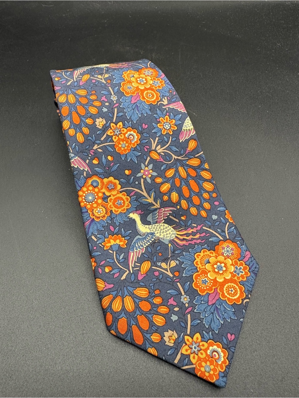 Liberty of London Silk Tie Floral Bird Navy Orange Fall Thanksgiving England Vtg
